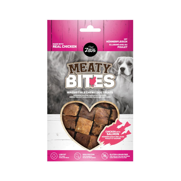 Zeus Meaty Bites Chicken with Salmon Chewy Dog Treats They are packed with protein and low in fat, making them a perfect gluten and grain-free snack.