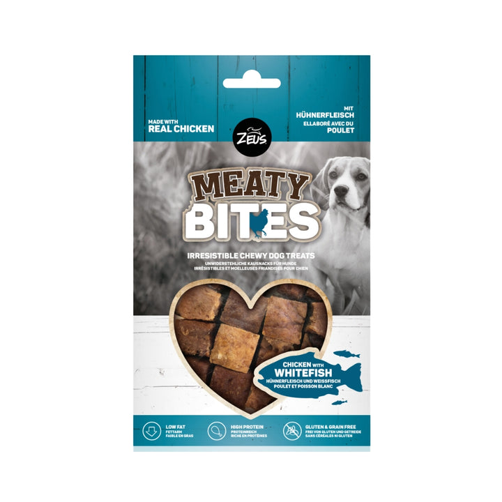 Zeus Meaty Bites Chicken with Whitefish Chewy Dog Treats They are packed with protein and low in fat, making them a perfect gluten and grain-free snack.