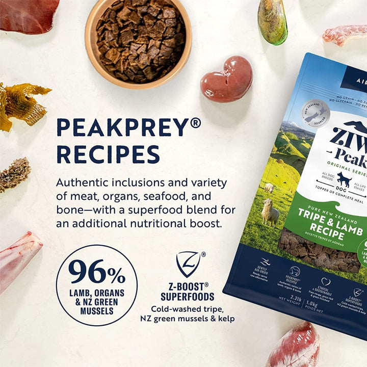 ZIWI® Peak Air-Dried Tripe & Lamb Recipe Dry Dog Food is a complete and balanced PeakPrey® recipe for any life stage, from puppies to seniors AD.