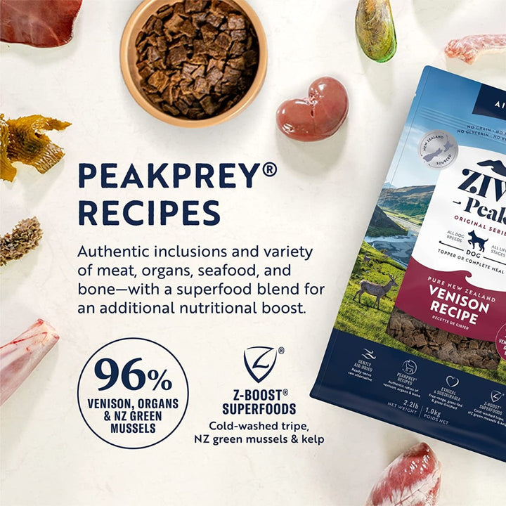Ziwi Peak Air-Dried Venison Dog Dry Food is a complete and balanced PeakPrey® recipe for any life stage AD.