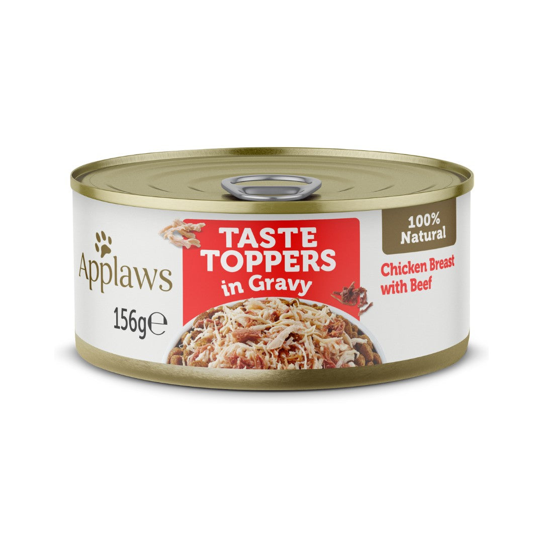Open tin of Applaws Chicken with Beef Gravy dog food topper showing meat chunks - high moisture enhancer for UAE climate