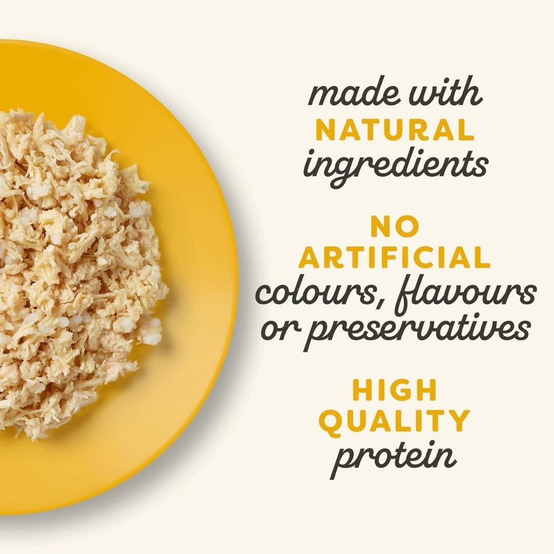 Yellow plate with a food item and text about natural ingredients and high quality protein.