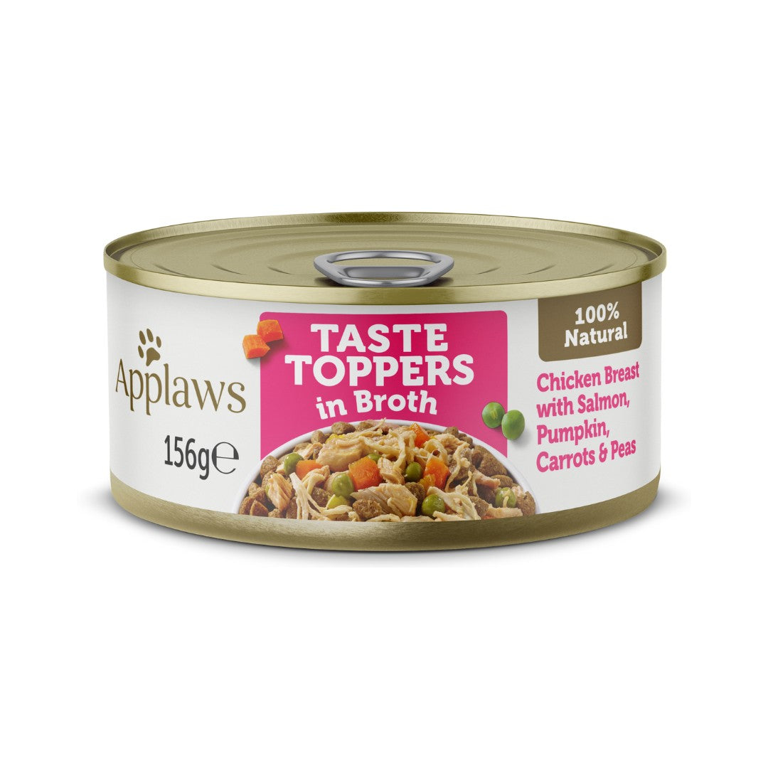 Applaws Chicken with Salmon & Vegetables dog food topper 156g tin open with visible ingredients - natural enhancer for UAE dogs