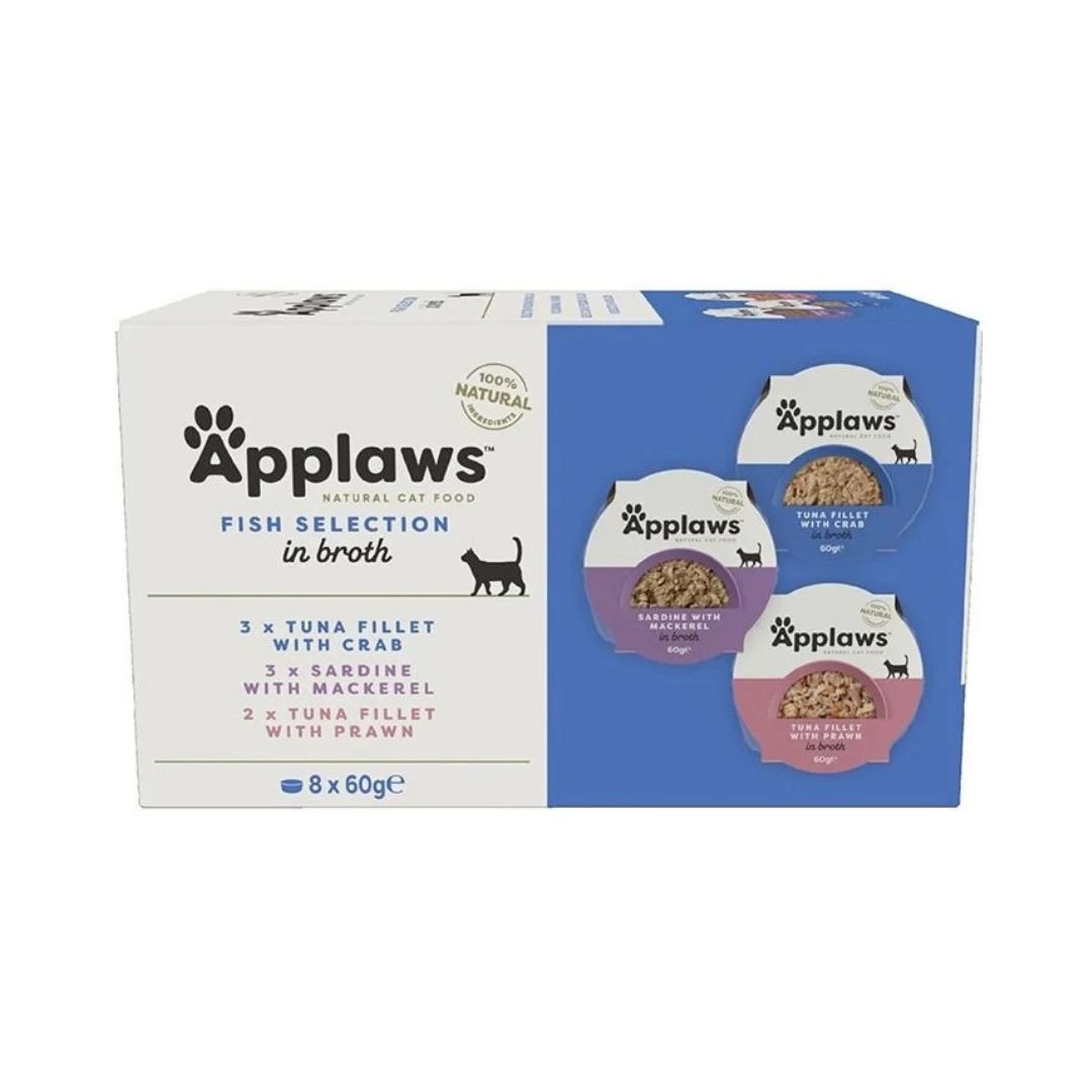 Applaws natural wet cat food multipack with sardine, tuna and prawn in broth - 8 individual 60g pots for UAE cats