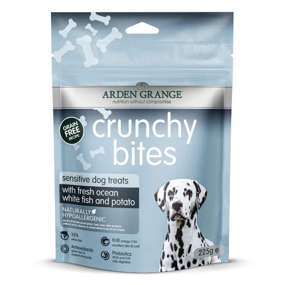 Arden Grange Crunchy Bites Fresh Ocean White Fish & Potato Sensitive Dog Treats 225g - 225 g front packshot