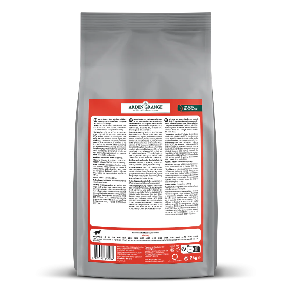 Arden Grange Grain Free Adult Chicken & Superfoods Dog Dry Food back of pack