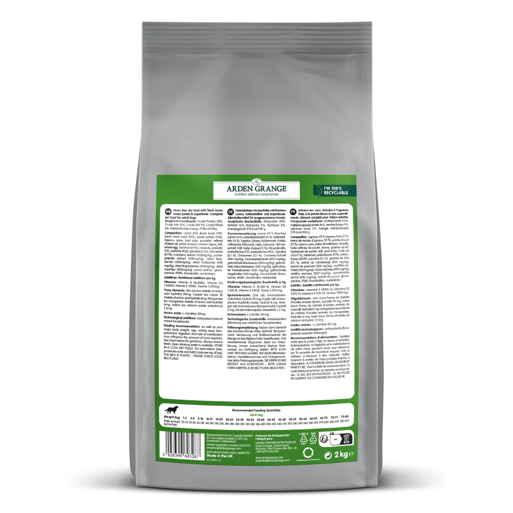 Arden Grange Grain Free Adult Lamb & Superfoods Dry Dog Food back of pack