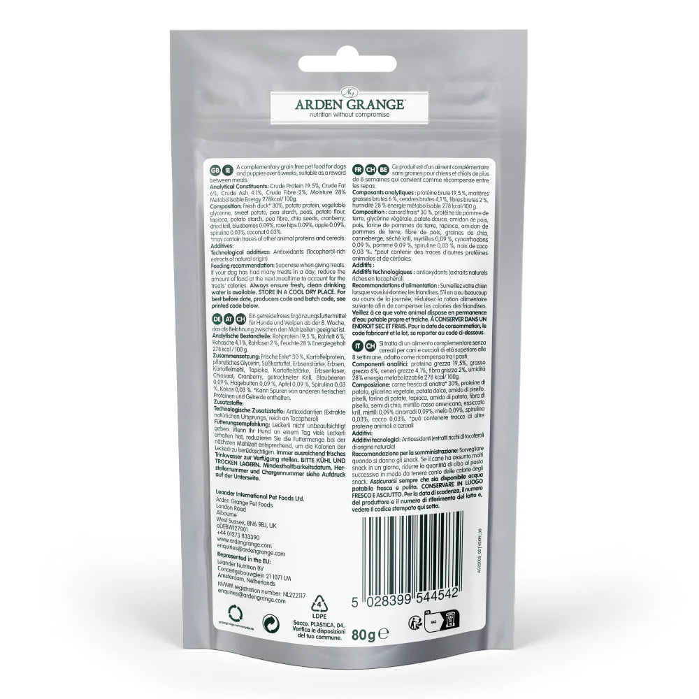 Arden Grange Grain Free Duck & Superfoods Training Dog Treats 80g back of pack