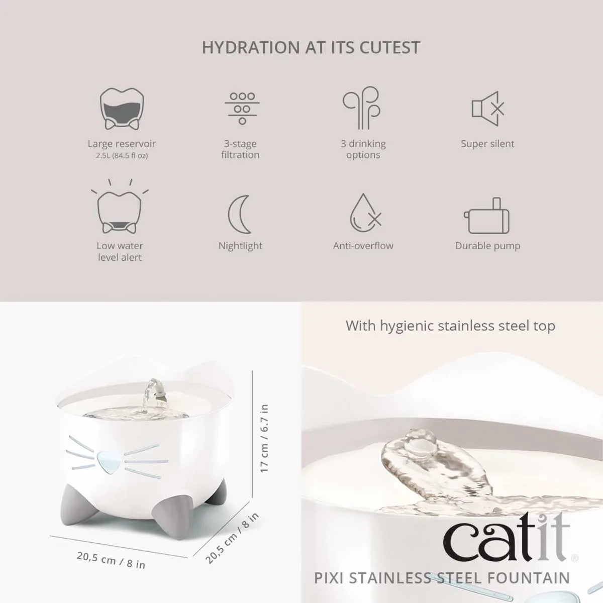Catit Pixi Stainless Steel Fountain White, 2.5 L – 2.5 L additional product view 1