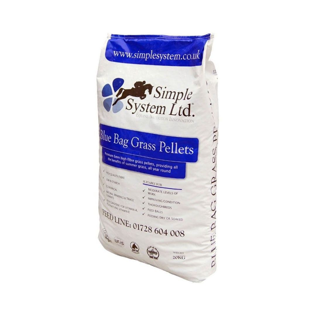 Simple System Blue Bag 20kg Timothy grass pellets poured into feed bucket - ideal horse feed for UAE stables