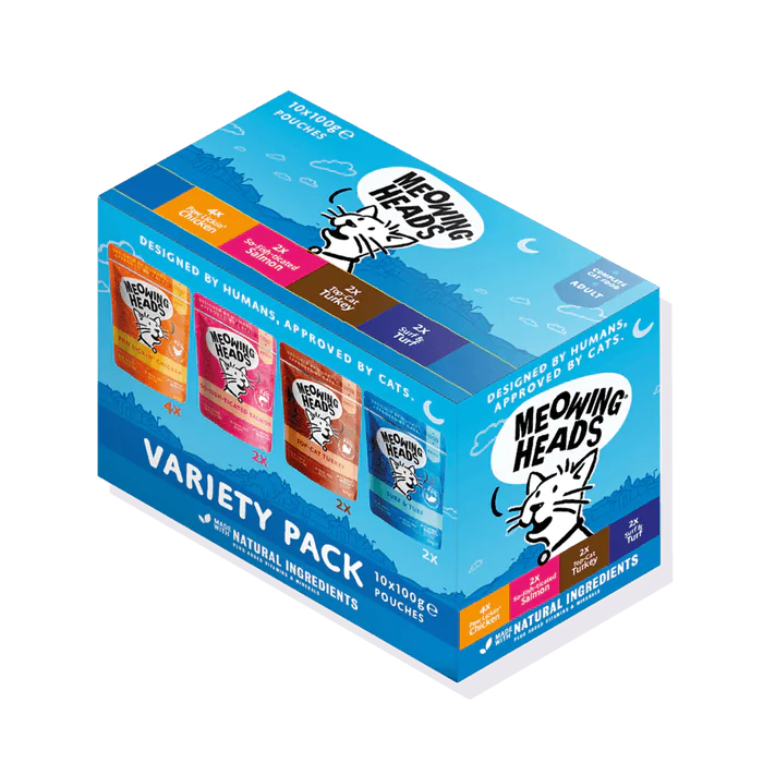 Meowing Heads Variety Pack Adult Wet Cat Food 10 × 100 g — front packshot
