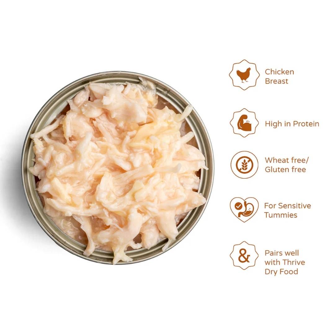 Canned pet food with chicken breast, high in protein, wheat-free/gluten-free, suitable for sensitive tummies, and pairs well with Thrive Dry Food.