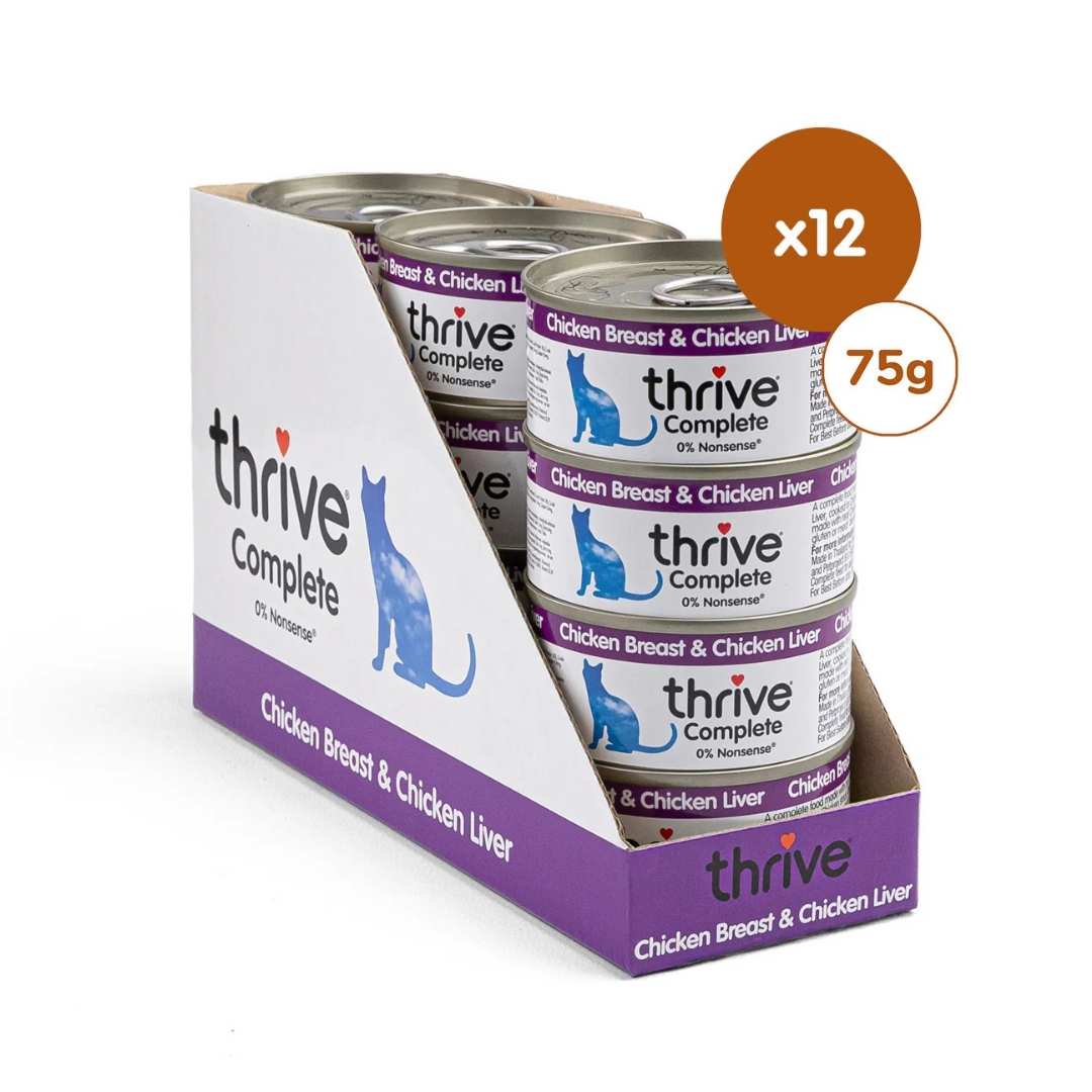 Box of thrive Complete cat food cans with 12 cans, each 75g, on a white background.
