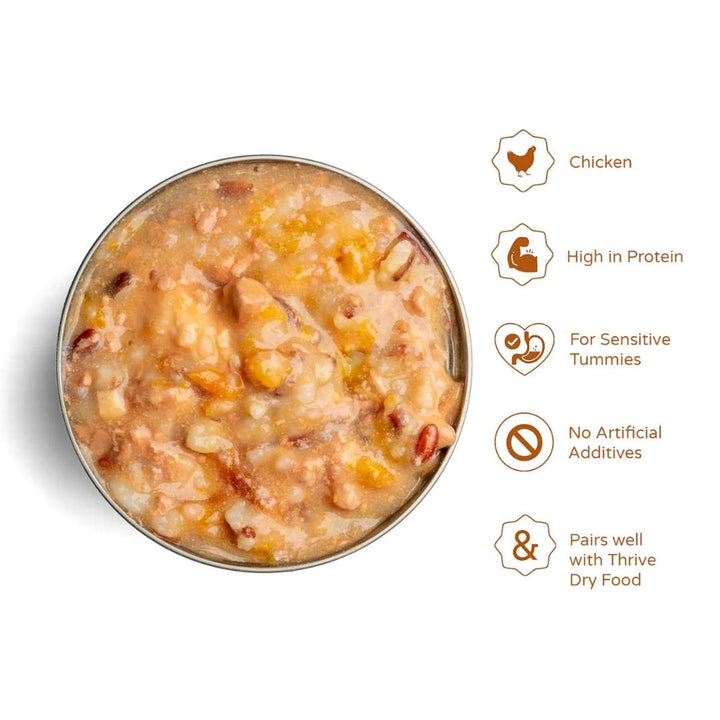 Pet food can with chicken, high in protein, for sensitive tummies, no artificial additives, and pairs well with Thrive Dry Food.