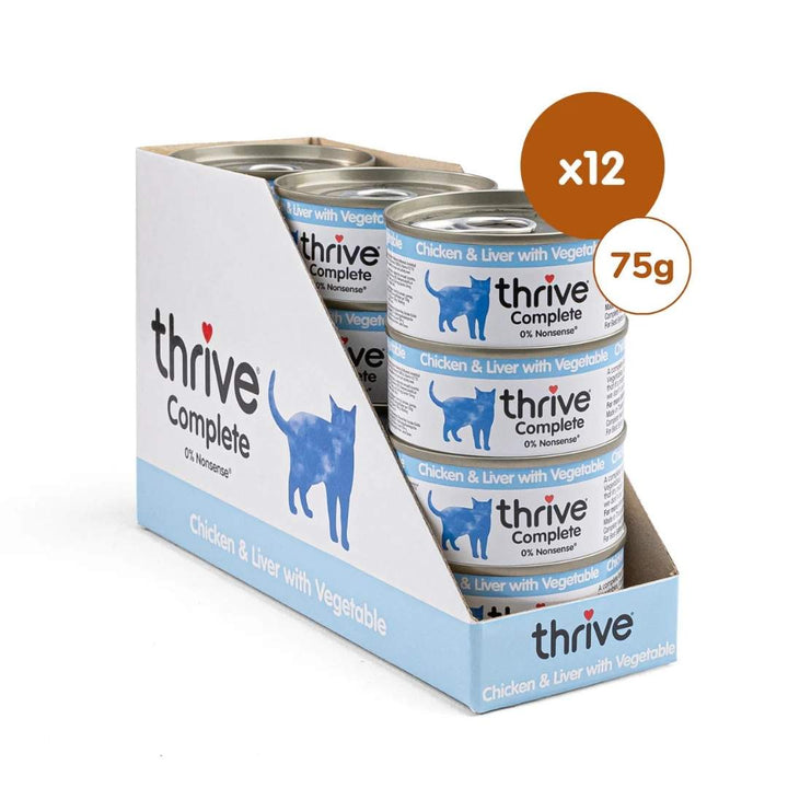 Box of thrive Complete cat food cans with a total weight of 75g x 12.