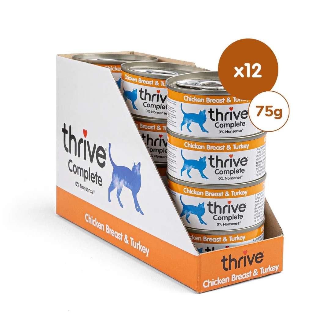 Box of thrive Complete canned dog food with 12 cans, each 75g, featuring chicken breast and turkey.