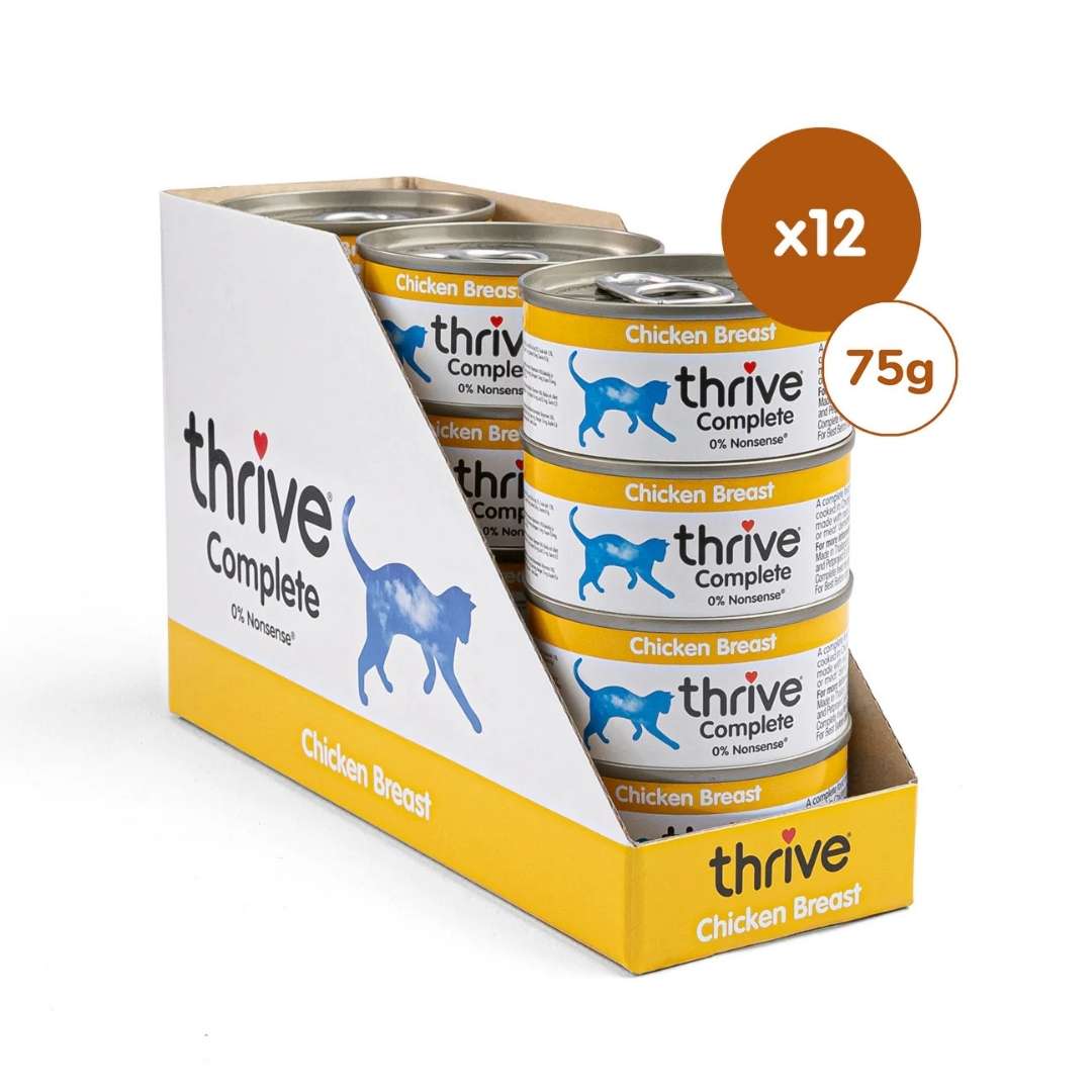 Box of thrive Complete cat food cans with 12 cans, each weighing 75g.