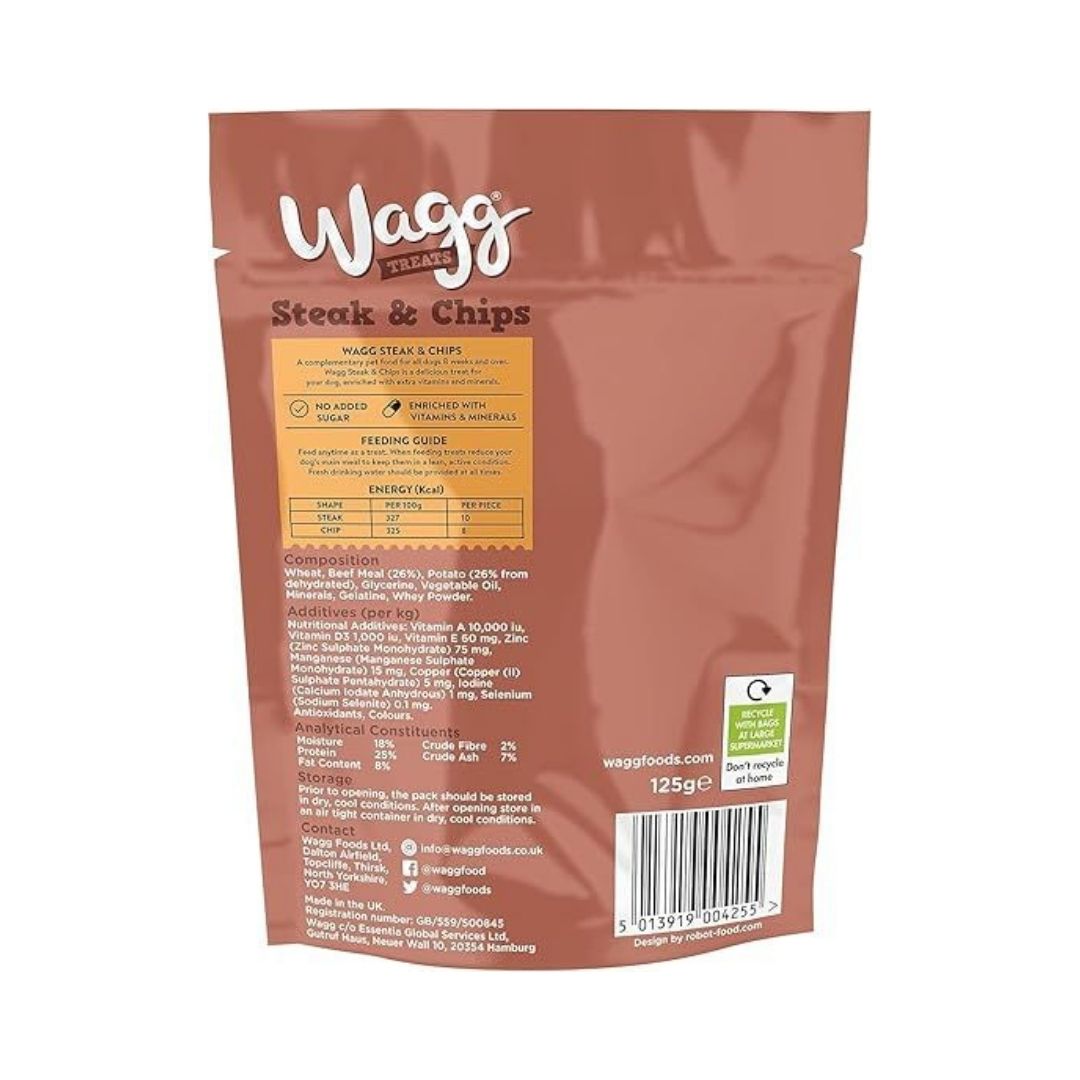 Wagg Steak & Chips Beef & Potato Tasty Bites Oven Baked Dog Treats 125 g back pack