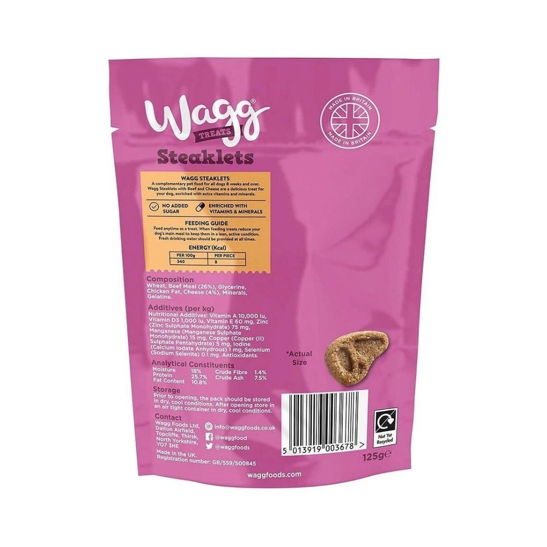 Wagg Steaklets Beef & Cheese Steak Bites Oven Baked Dog Treats 125 g pack back
