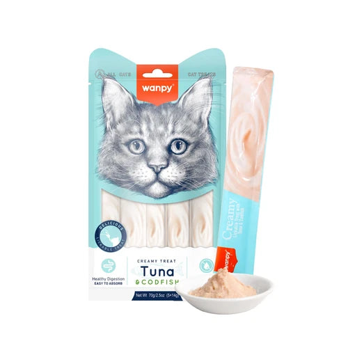 Wanpy Creamy Lickable Cat Treats - Tuna & Codfish (14 g × 5) - 14 g × 5