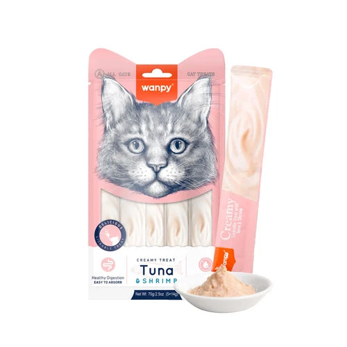 Wanpy Creamy Lickable Cat Treats - Tuna & Shrimp (14 g × 5) - 14 g × 5