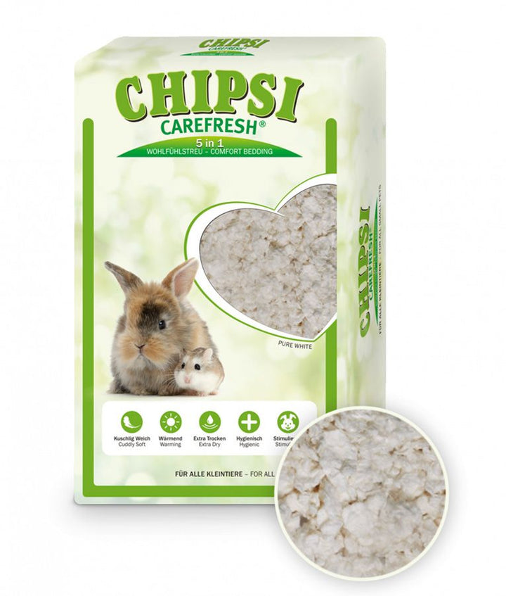 Carefresh Pure White from Chipsi let's you easily spot when your small pet's home needs a refresh.  The extra soft chips from Chipsi are environmentally friendly and nearly 100% dust free. Your small pet's paws will be comfortable with their super soft texture, and the brilliant absorption means your pet's home will remain clean for a while.