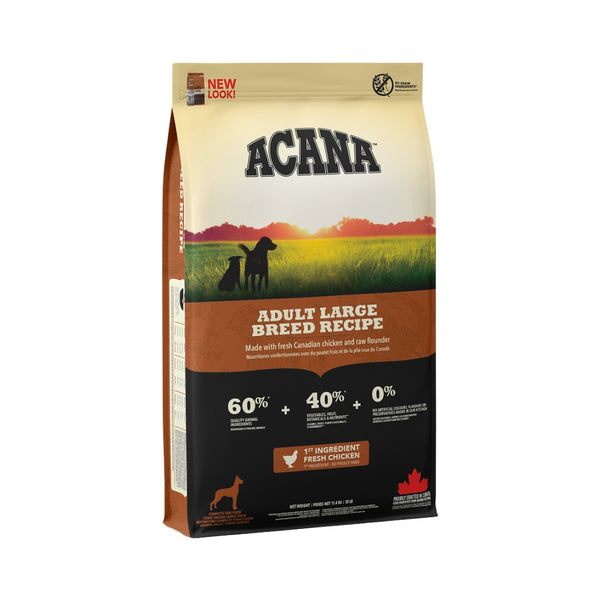Acana Adult Large Breed Dog Dry Food is free of fast carbohydrates and provides extra meat protein to promote lean muscle mass while managing body fat.