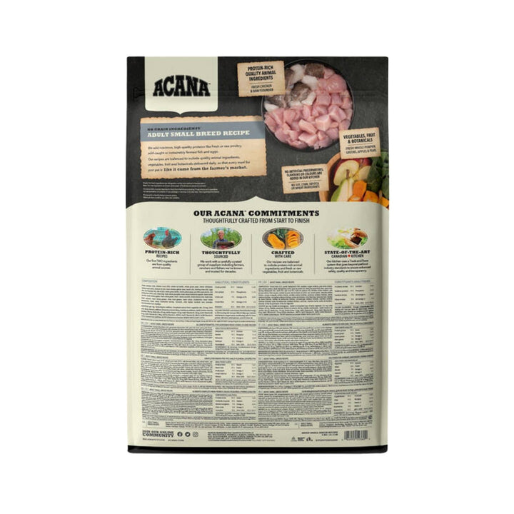 Acana Adult Small Breed is loaded with free-run chicken, wild-caught flounder, and whole nest-laid eggs, which are brimming with goodness and taste-Back Bag.