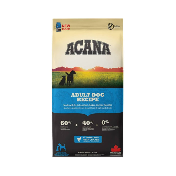 Acana Adult Dog Chicken & Greens All Breed For All Breeds and Life Stages Like his wild cousins, your dog is a carnivore, designed to thrive on whole game and possessing a biological need for a diet rich and varied in fresh, natural meat.