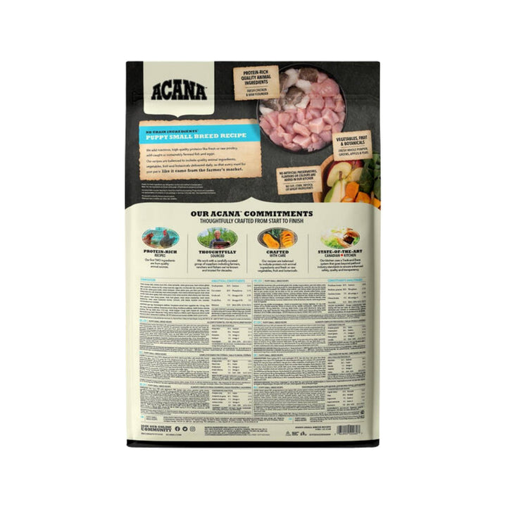 Acana Puppy Small Breed Puppy Dry Food is designed explicitly for small-breed puppies and contains free-run chicken, flounder, and whole nest-laid eggs-Back Bag.