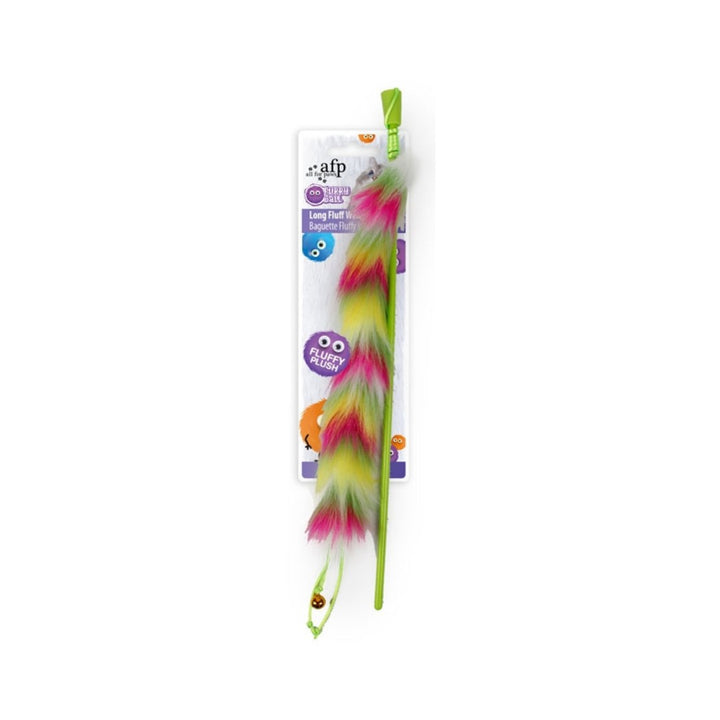Cats are attracted to the playful All For Paws Long Fluff Wand Cat Toy, which features colorful and fluffy materials Green Color.
