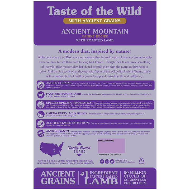 Taste Of The Wild Ancient Mountain Canine Recipe Lamb Dog Dry Food, Pasture-raised lamb combines with ancient grains, grain sorghum, millet, quinoa, and chia seed for a tasty and protein-packed diet that’s also rich in fiber, antioxidants, omega fatty acids, and more 3. 