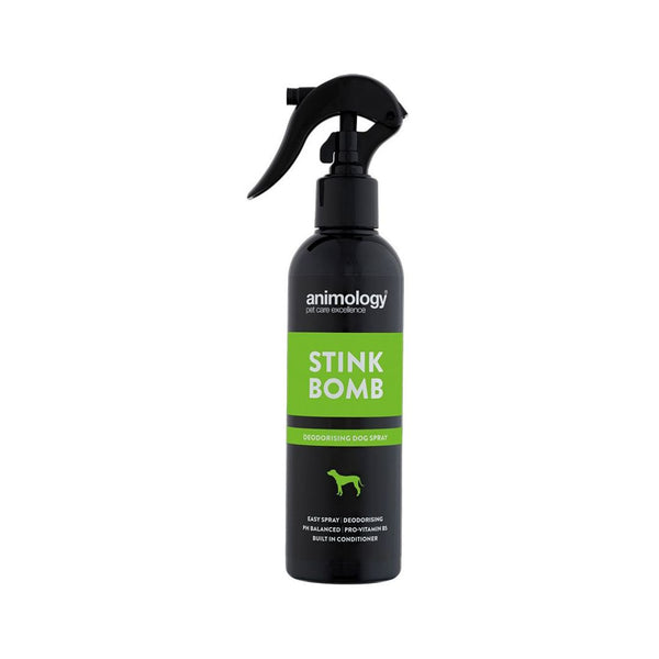 Animology Stink Bomb Fresh Coat Dog Deodorizing Spray is enriched with vitamins and helps keep your dog's coat fresh, clean, and healthy between washes.