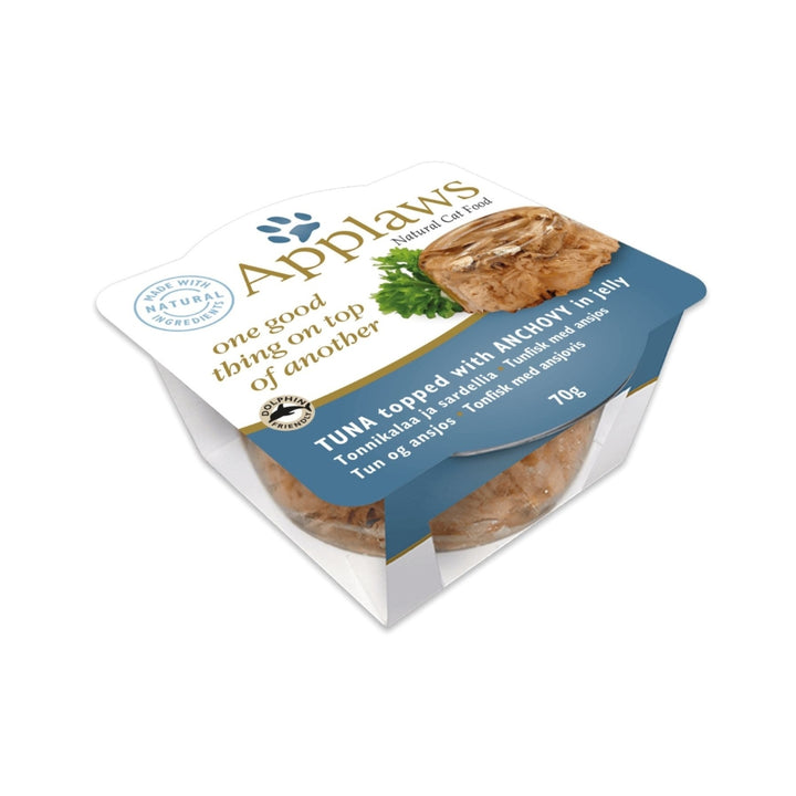 Applaws Tuna & Anchovy Layer Cat Wet Food Hand flaked Tuna fillet with whole Anchovies is enveloped in a soft gelee, making this Applaw layer look as good as it tastes. Applaws Cat is great for your pet's nutrition.