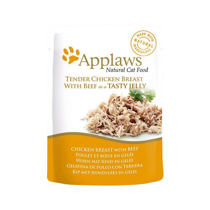 Applaws chicken with beef in a jelly pouch is an excellent complementary cat food made using only chicken breast, beef, vegetable gelling agent, and water.