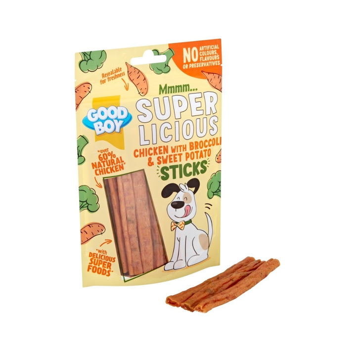 Armitage Chicken with Broccoli & Sweet Potato Sticks Dog Treats over 60% natural chicken blended with apple & cranberry. 2 