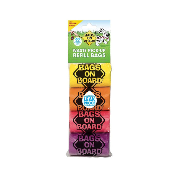 Bags on Board Dog Waste Pick-up Refill Bags make picking up dog poop and pet waste quick, easy, and simple whether on a walk or in the backyard. Our bags have double-sealed seams to make them stronger and leakproof guaranteed. Bob Refill Poop Bag