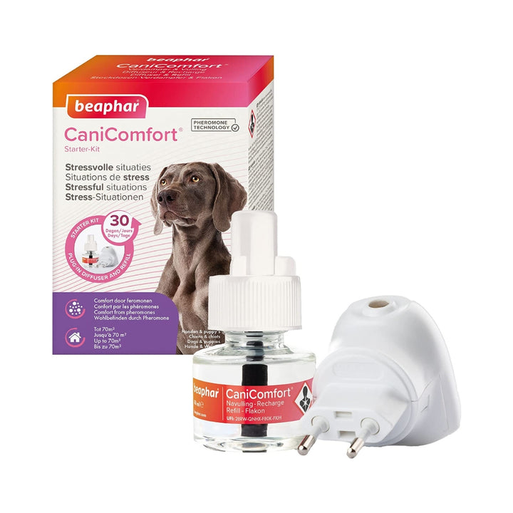 Beaphar CaniComfort Calming Diffuser is reducing dog behavior, as barking, furniture destruction, urinary marking, excessive licking, scratching, or general feelings of anxiety box.