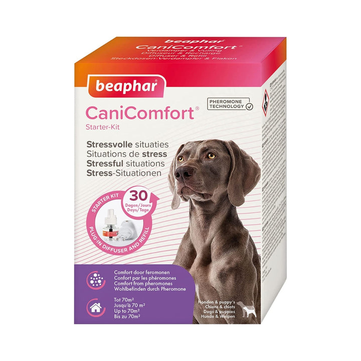 Beaphar CaniComfort Calming Diffuser is reducing dog behavior, as barking, furniture destruction, urinary marking, excessive licking, scratching, or general feelings of anxiety.