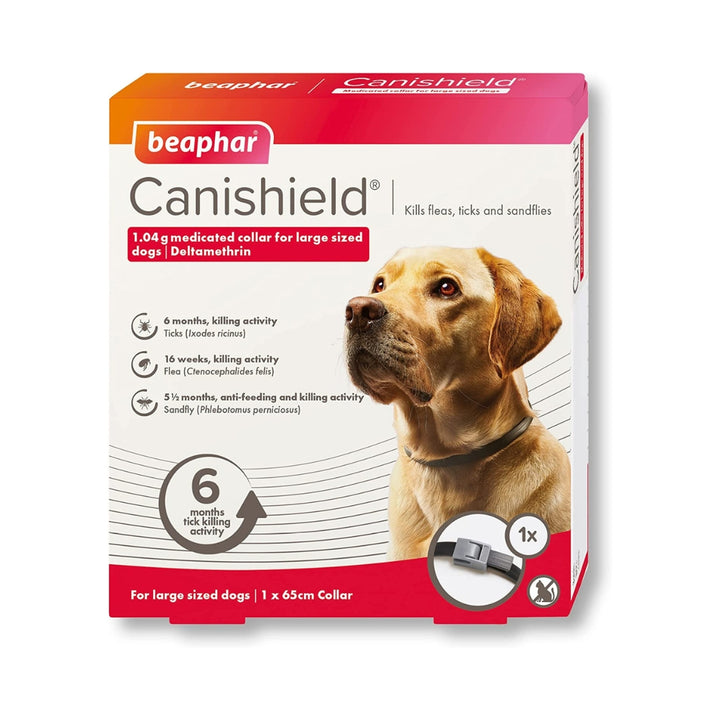 The Beaphar Canishield dog collar kills fleas for 16 weeks, ticks for six months, and sandflies for five and a half months - Large Dogs.