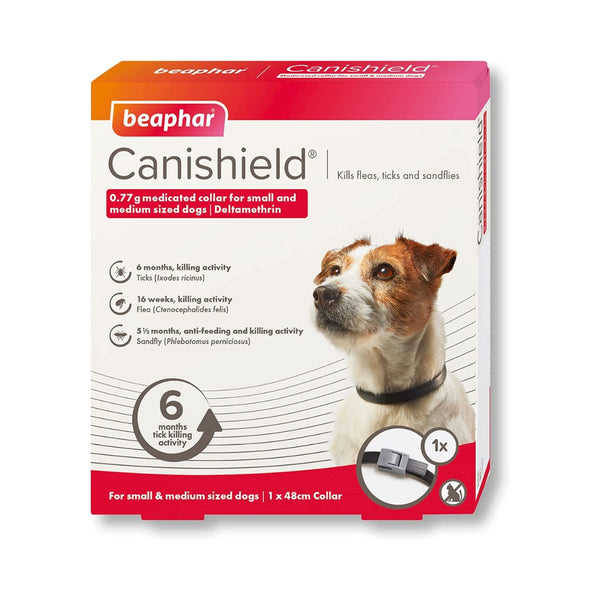 The Beaphar Canishield dog collar kills fleas for 16 weeks, ticks for six months, and sandflies for five and a half months.