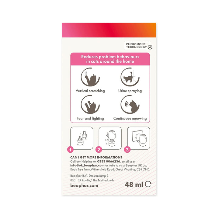 Beaphar CatComfort Refill 48ml offers cats a simple, efficient way to decrease destructive behaviors, such as scratching, urination, and anxiety - AD. 