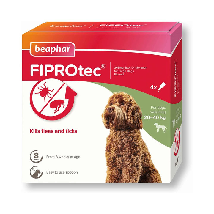 Beaphar FIPROtec Spot-On for Large Dogs kills fleas and ticks on dogs, and continues to kill fleas for up to five weeks and ticks for up to four weeks.