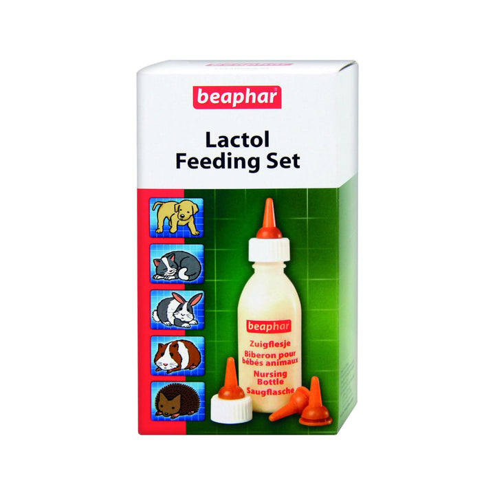 The Beaphar Lactol Feeding Bottle Set for Small Pets includes a gentle bottle, four teats, and a cleaning brush. This set is ideal for feeding newborns and developing animals. 