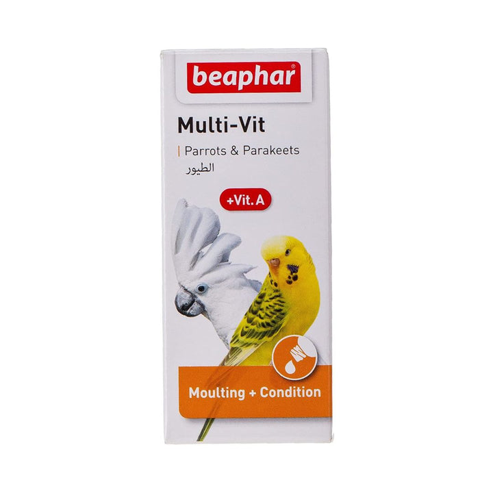 Beaphar Multi-Vit Parrots 20ml! This product contains 12 different vitamins, including extra Vitamin A Bird Vitamins, that can speed up molting and increase song performance - Box. 