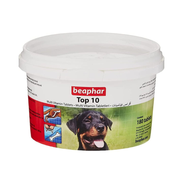 Beaphar Top 10 Dog Multi Vitamins Encourages the natural development of bones and teeth of young dogs. Ensures a glossy coat and bright eyes.