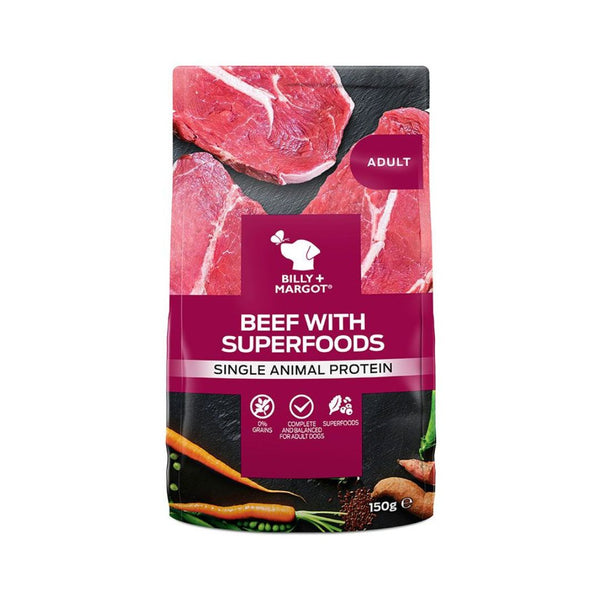 Billy & Margot Adult Beef with Superfoods Pouch Wholesome, grain-free dog food. Packed with quality single animal human grade beef as well as nourishing and delicious superfoods and holistic ingredients.