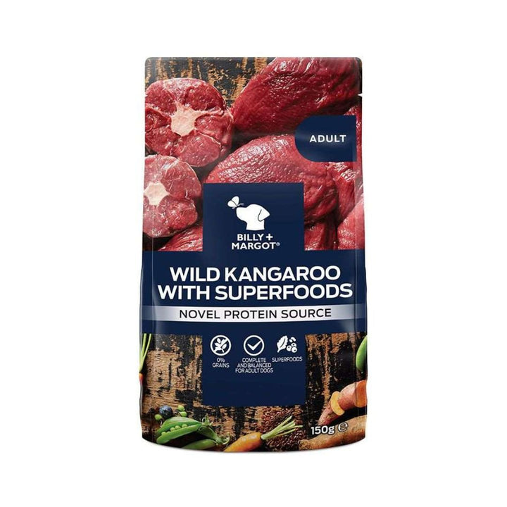 Indulge your furry friend with the exotic flavors of Billy & Margot Adult Kangaroo with Superfoods Pouch, a wholesome and grain-free wet dog food. 