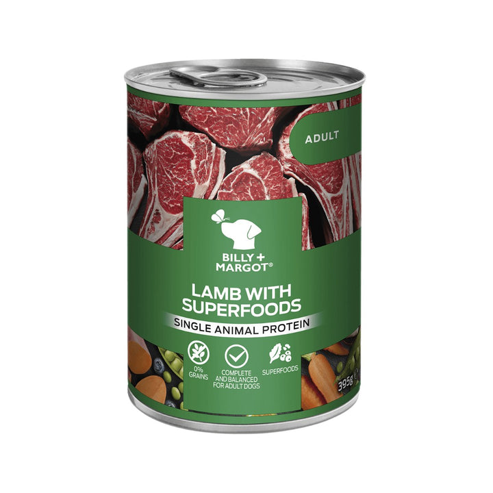 Billy & Margot Adult Lamb with Superfoods Can Wet Dog Food A completely grain-free, single-source protein, nutritious dog food that dogs love. 