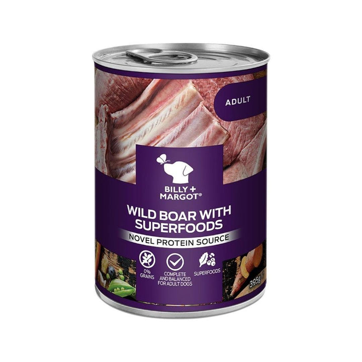 Treat your furry friend to the goodness of wild boar and nutrient-packed superfoods with Billy & Margot Adult Boar with Superfoods Canned Wet Dog Food.